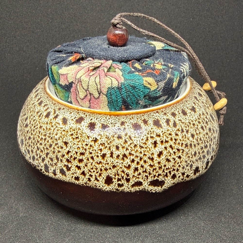 Ceramic Tea Jar with Floral Fabric Lid Thailand tribal handcrafted